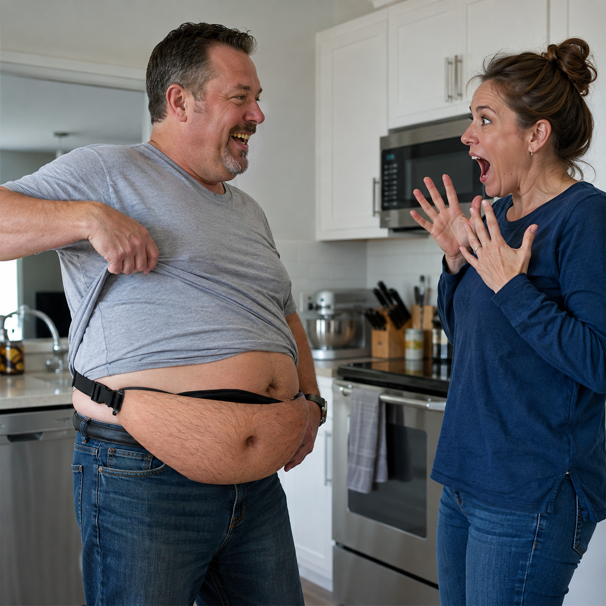 A man in a kitchen lifts his shirt to reveal a slimming belt around his stomach, while a woman in a blue long-sleeve top and jeans looks at him with a surprised expression.